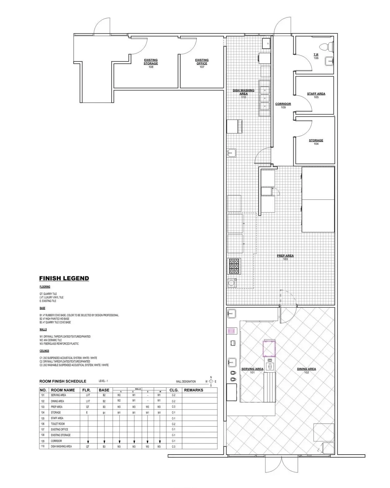 Floor plan of a building interior featuring a dining area, prep area, serving area, storage, staff area, corridor, storage rooms, a toilet, and two offices.