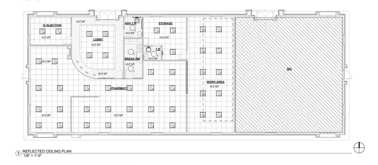 Blueprint layout of a ceiling plan for a medical facility, showing various rooms including IV injection, lobby, ADA TR, storage, break room, pharmacy, work area, and NIC.