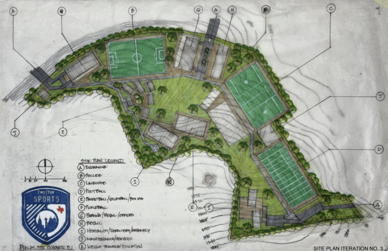 Site plan of a sports complex showing multiple soccer fields, tennis courts, buildings, pathways, and surrounding greenery with labels and a legend.