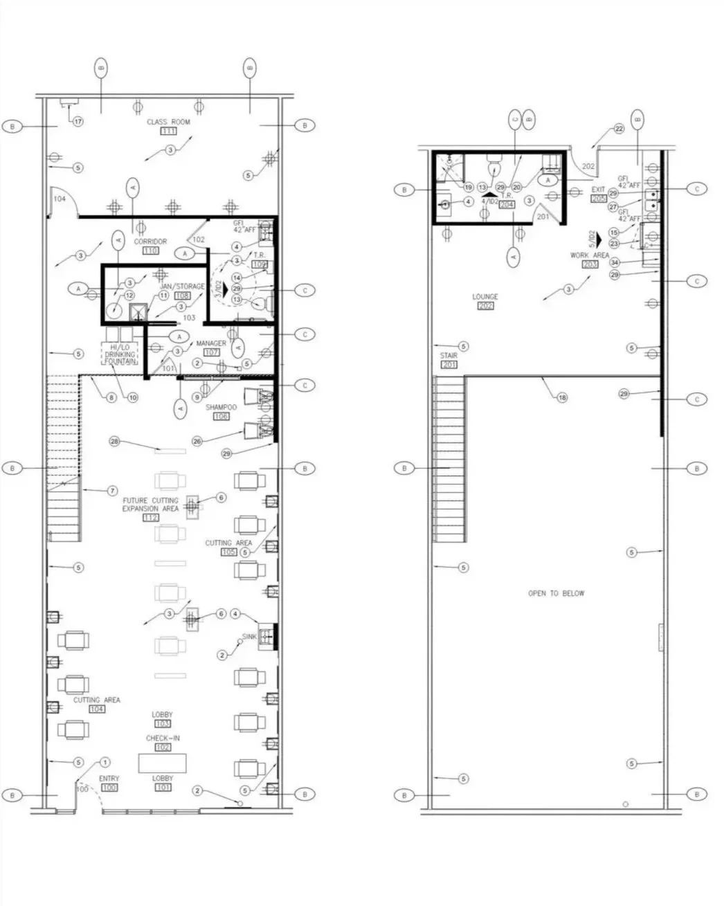 Architectural floor plan of a two-story building showing layout of rooms and areas such as lobby, check-in, cutting area, shampoo, manager's office, storage, and classroom.