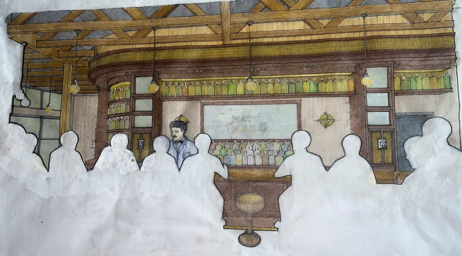 A bar or pub interior sketch featuring a wooden ceiling, shelves with green bottles, bar stools, and a large screen or mirror on the back wall. Silhouettes of people sitting at the bar and a bartender or waiter behind the counter are depicted, with some figures shaded out or not fully illustrated.