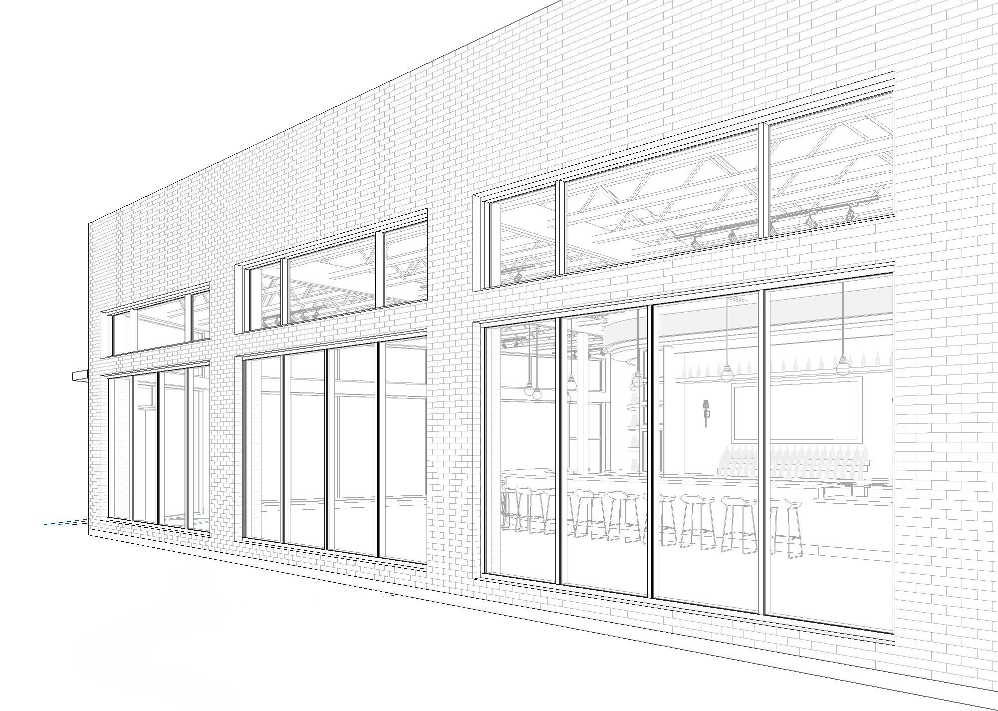 Sketch of a modern building facade with large glass windows and brick exterior, showing interior seating and lighting details.