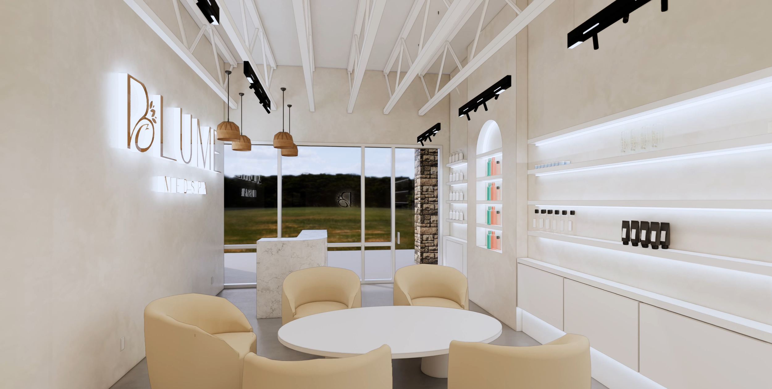 Interior of a modern wellness or spa lounge with a round white table surrounded by four beige rounded chairs. There are hanging wicker pendant lights, black track lighting on the ceiling, and a large window revealing a green landscape outside. A backlit sign on the wall reads 'BLUME WELLNESS', and there are shelves with skincare or wellness products on the right wall.