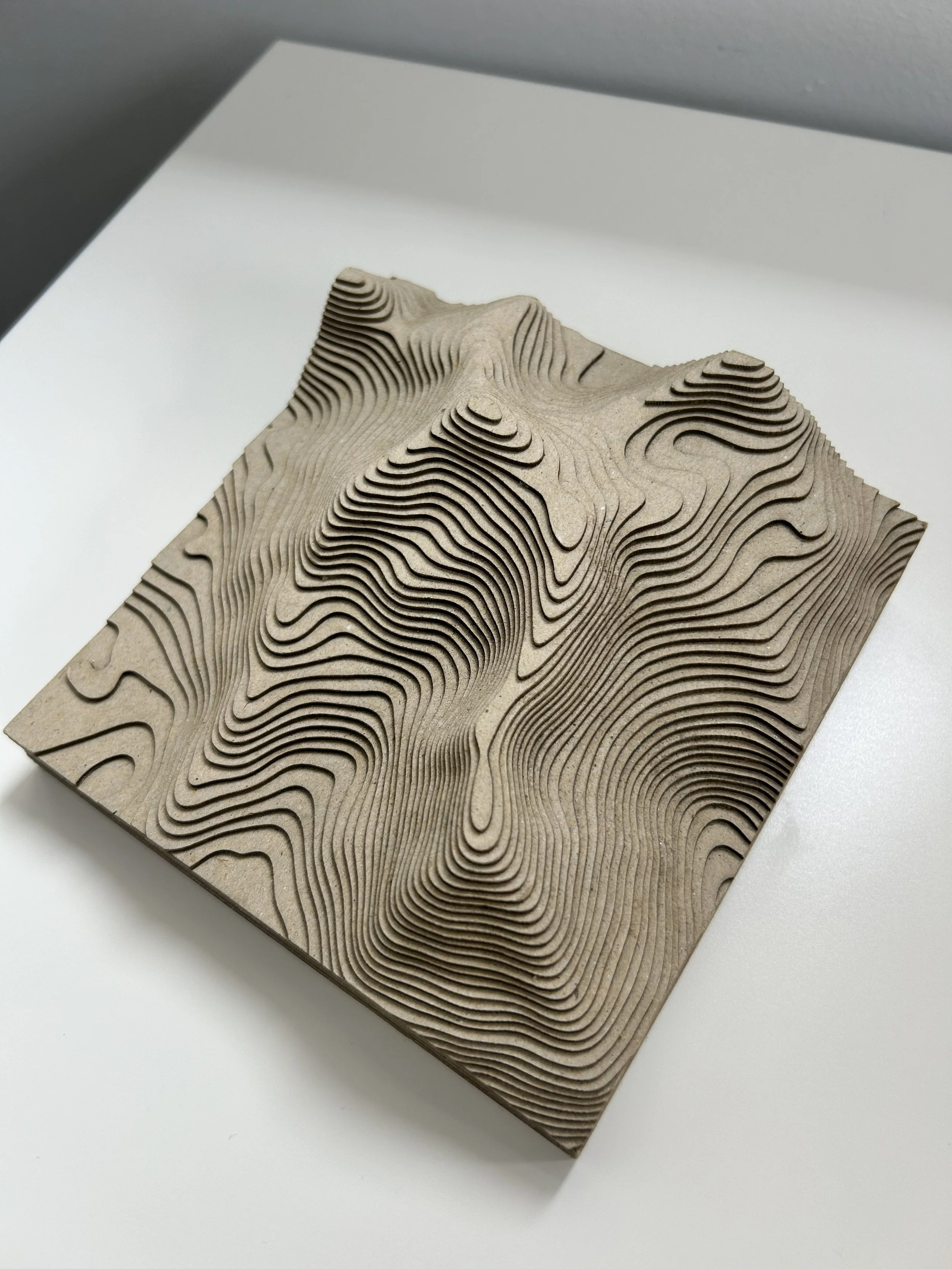 A computer-generated topographic map with layered contours in beige color.