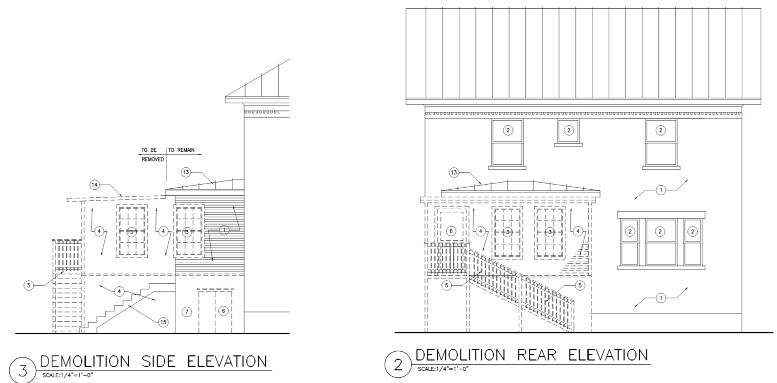 Architectural blueprint drawings of a house, showing demolition side and rear elevations with detailed measurements, outlines for removal, and new construction elements.