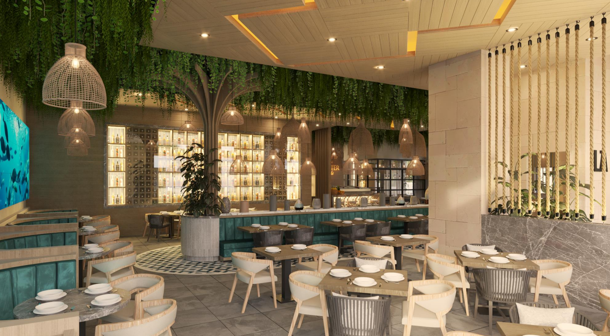 Modern restaurant interior with wooden tables set with white plates and cutlery, green cushioned seating, decorative lighting, shelves of bottles, a bar area, and lush greenery hanging from the ceiling.