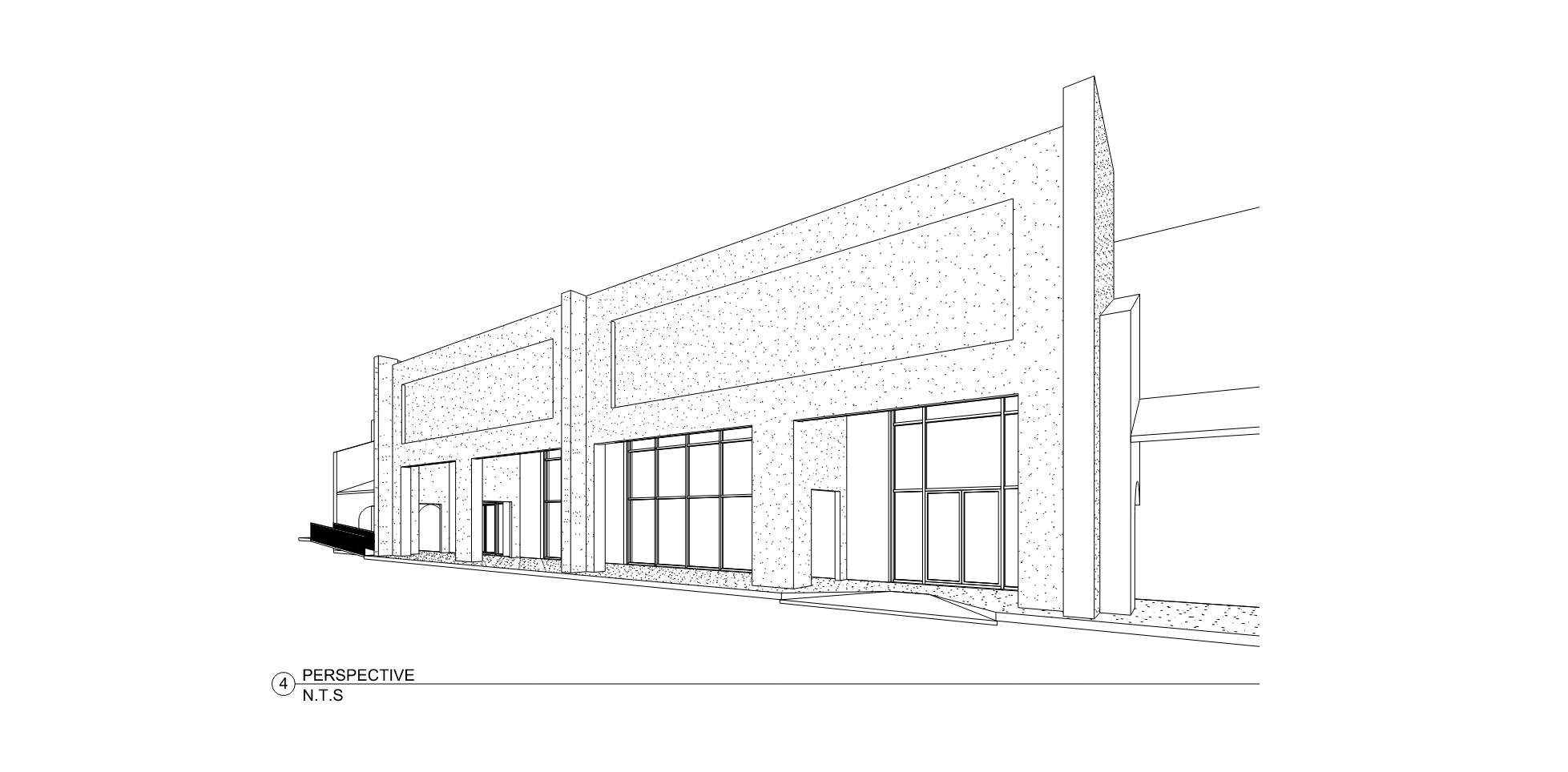 Architectural drawing of a commercial building's perspective view, showing large windows, doors, and textured exterior walls.