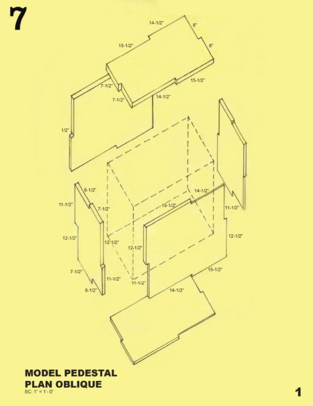 A detailed construction plan of a model pedestal, showing its exploded view with measurements in inches for each panel and component, including height, width, and length specifications.