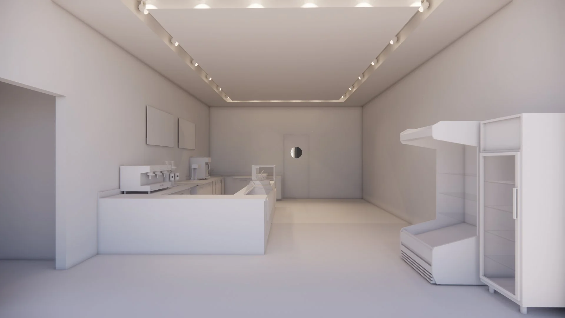 A minimalistic, all-white kitchen with a counter, various appliances, a door with a small circular window, and an empty refrigerator.