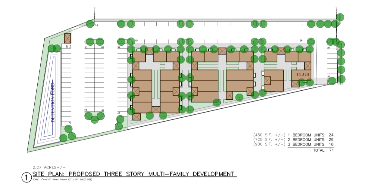 Site plan for a proposed three-story multi-family development on 2.27 acres, showing buildings, parking, landscaping, a pool area labeled 'Dolphin Pool,' and a clubhouse.