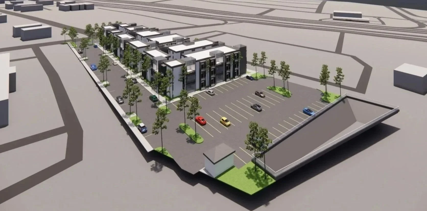 A computer-generated rendering of a modern apartment complex with multiple units, parking lots, trees, and surrounding streets.