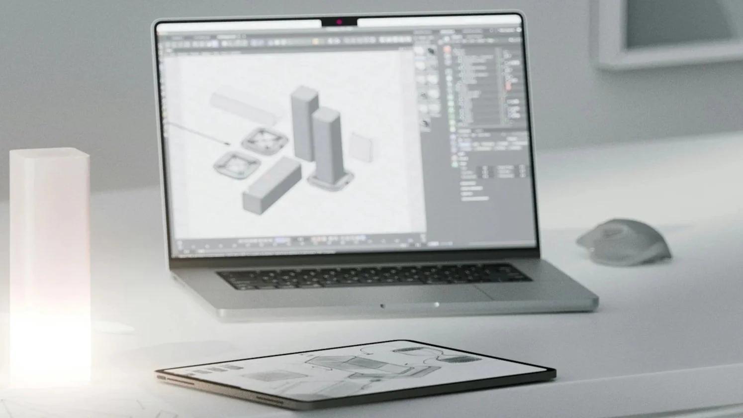 Laptop displaying 3D design diagrams on a white desk with a tablet showing technical drawings, a white lamp, and a gray computer mouse.