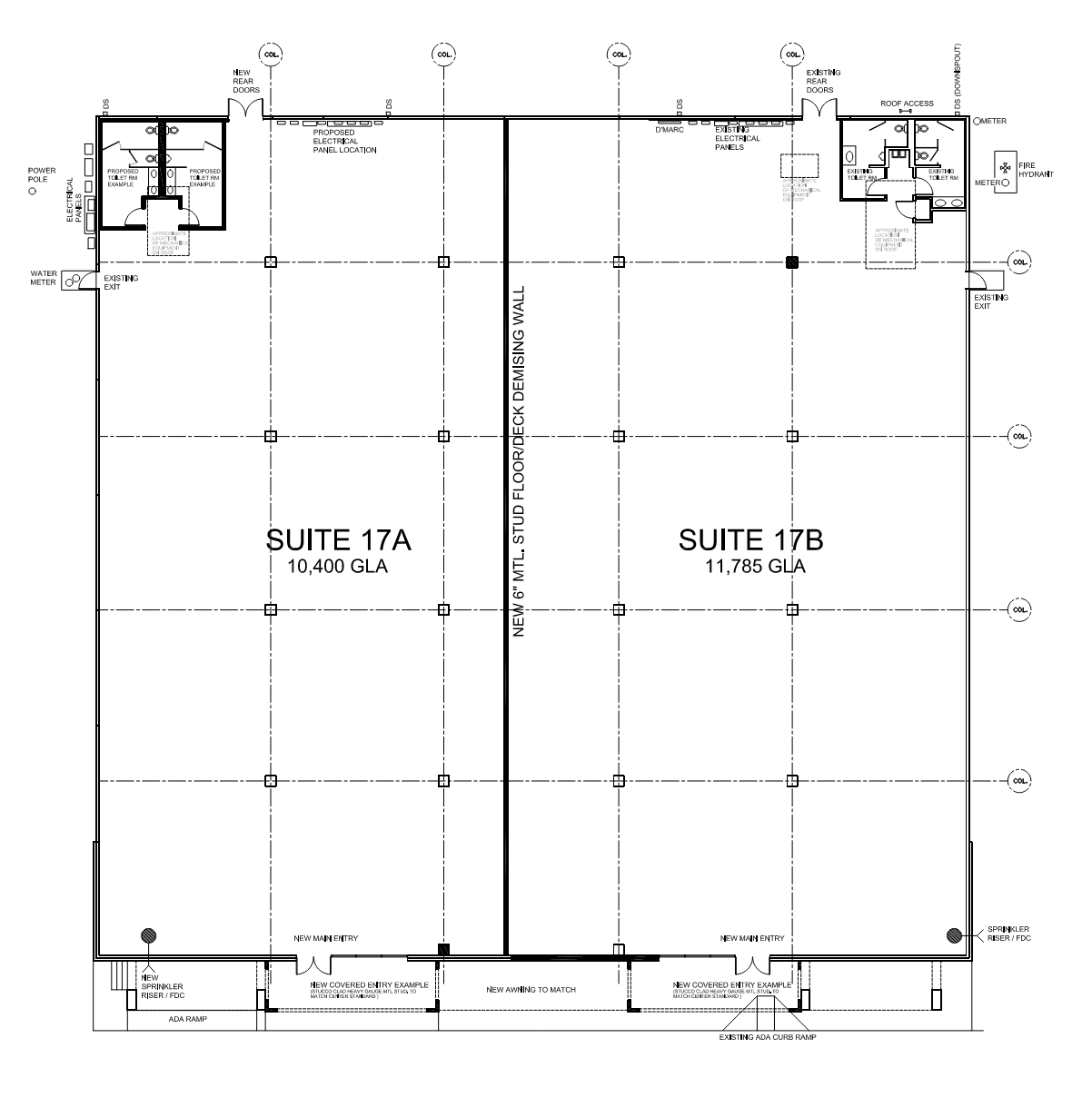 Architectural floor plan of a commercial building showing two suites, 17A and 17B, with details of electrical, plumbing, and entry points.