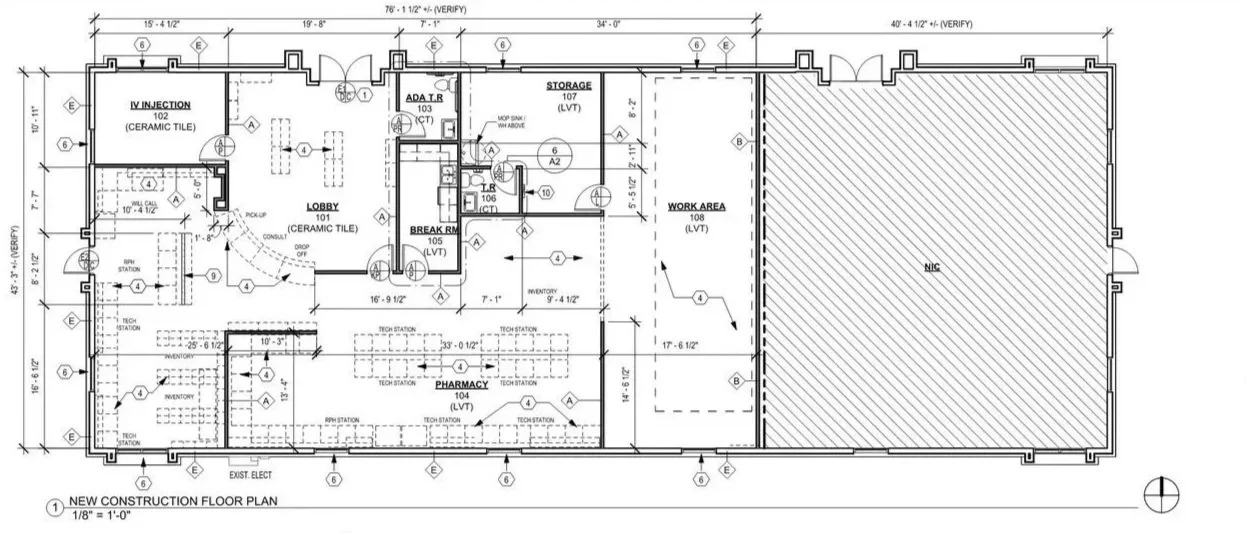 Architectural floor plan for a new construction, showing room labels, dimensions, and layout including pharmacy, break room, storage, work area, lobby, and technical stations.