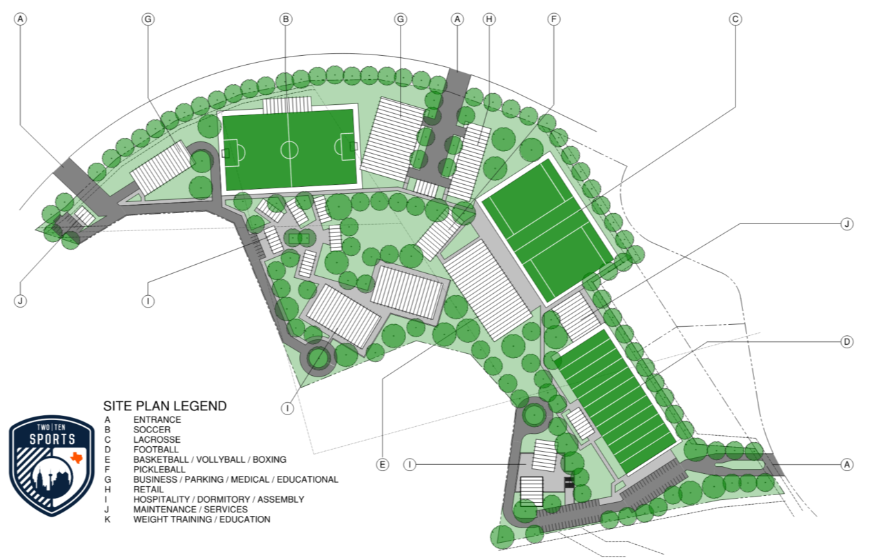 Site plan for a sports complex with soccer, lacrosse, football, basketball, volleyball, boxing courts, parking areas, fields, and green spaces.