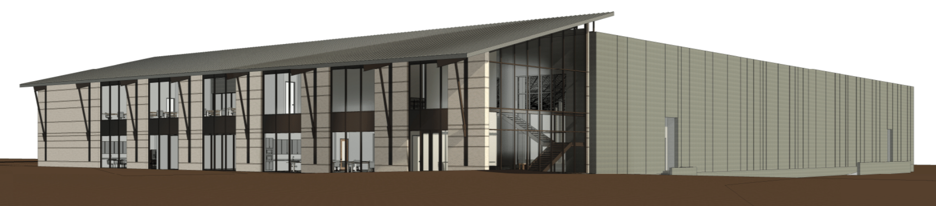 3D rendering of a modern, two-story building with large glass windows, a sloped roof, and metal siding, featuring an interior staircase visible through the glass.