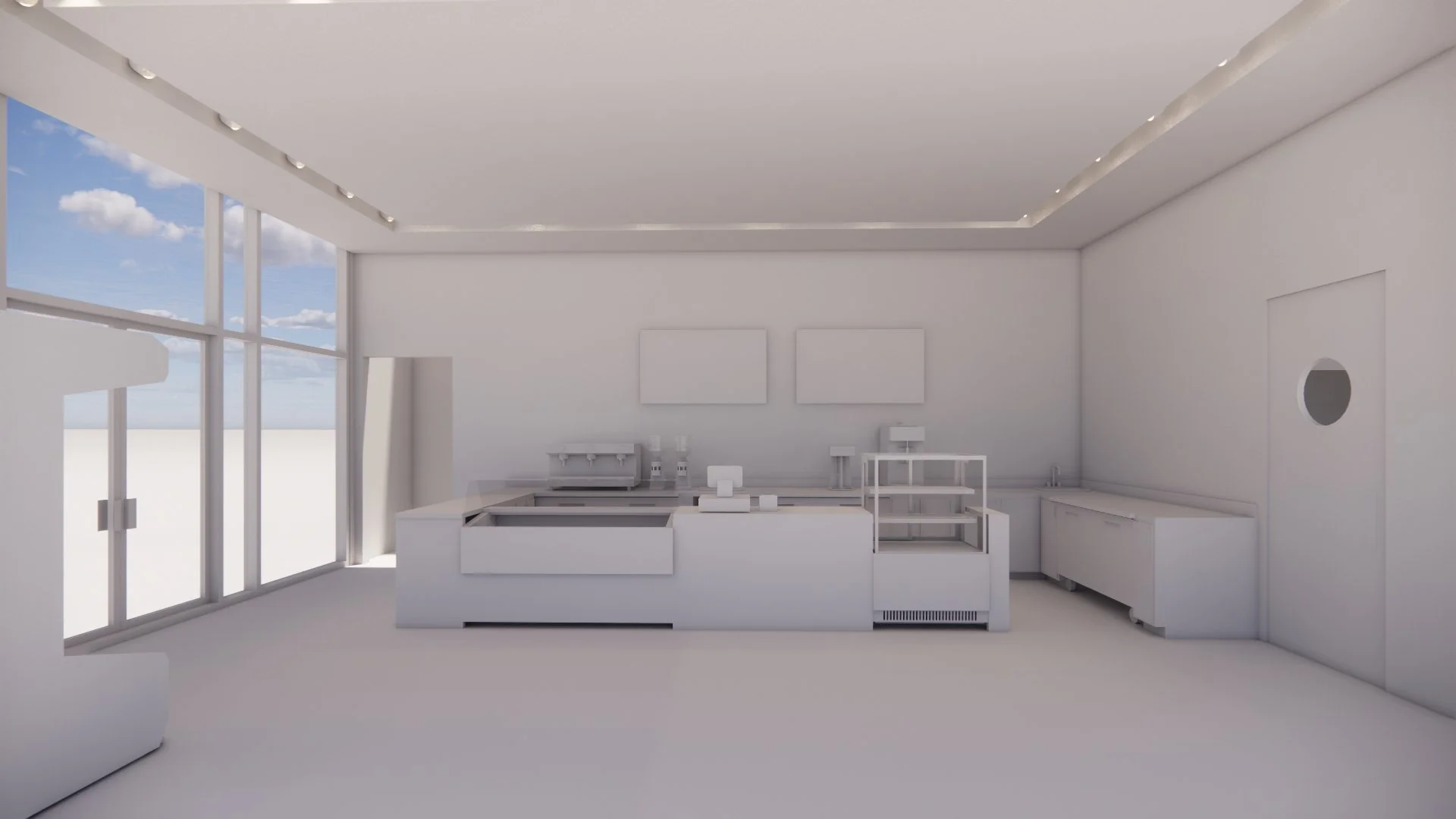 Minimalist, all-white room with large windows, displaying sky and clouds, featuring office or retail equipment.