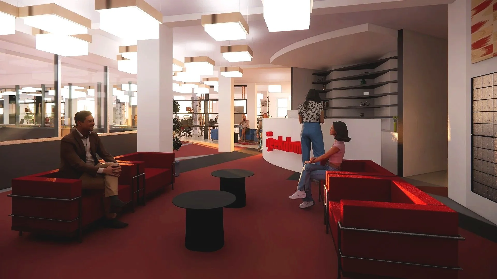 Modern office lobby with red seating, a curved reception desk with a red logo, seating areas, and people working and conversing.