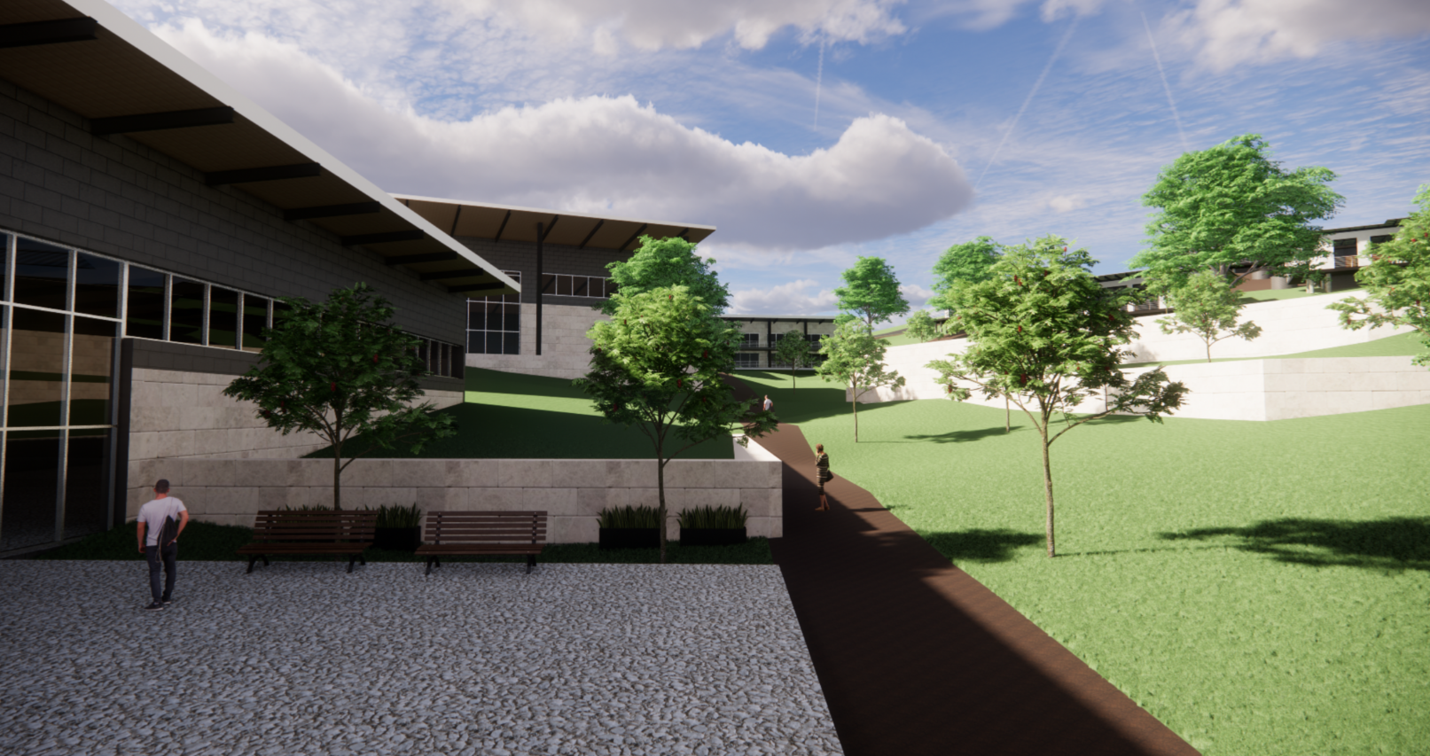 Rendering of an outdoor courtyard area with trees, benches, a paved walkway, and a modern building with large windows and a sloped roof in the background.