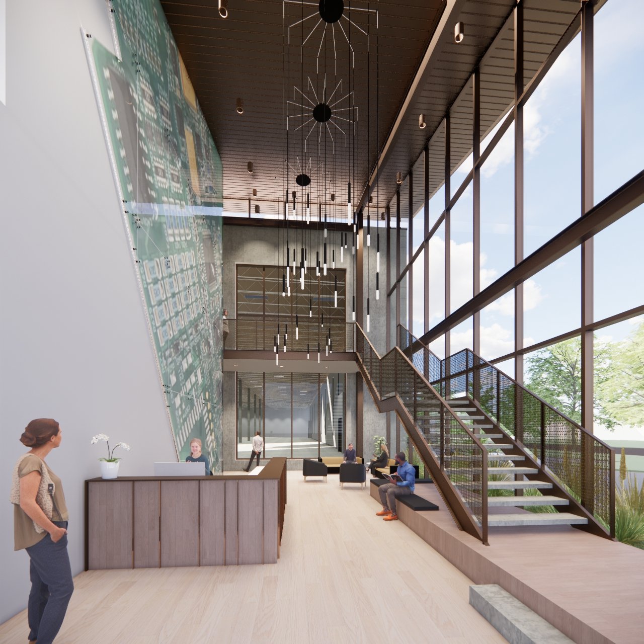 Interior of a modern building lobby with floor-to-ceiling windows, a reception desk, seating area, staircase, and contemporary hanging light fixtures.