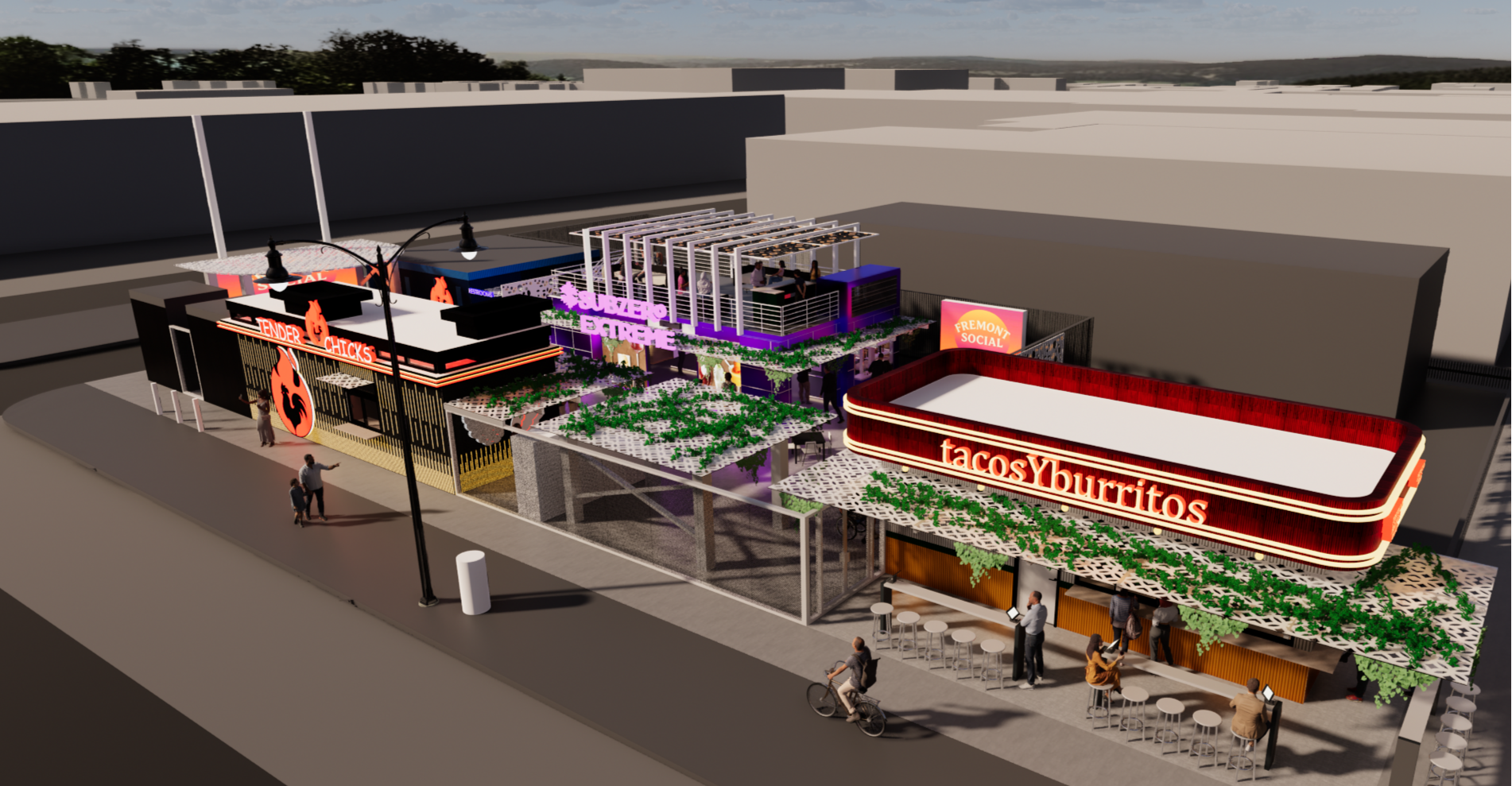 Digital rendering of a modern outdoor shopping and dining complex featuring illuminated signs for tacosYburritos, Tender Chick's, Fremont Social, and Subway Extreme, with seating areas, green plants, and people walking or sitting outside.