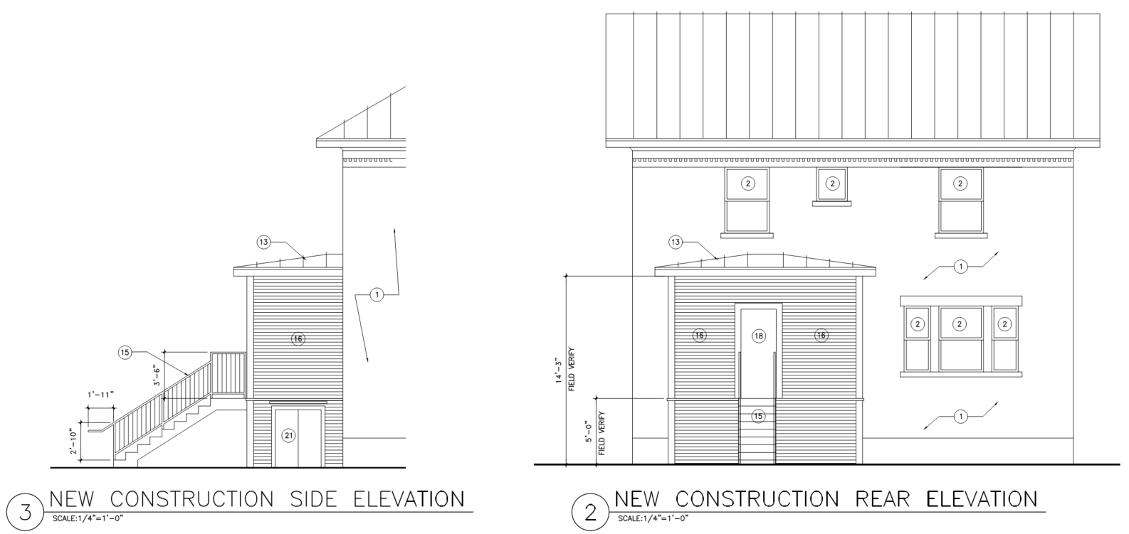Architectural drawing of a building's side and rear elevations showing measurements, windows, and doors for new construction.