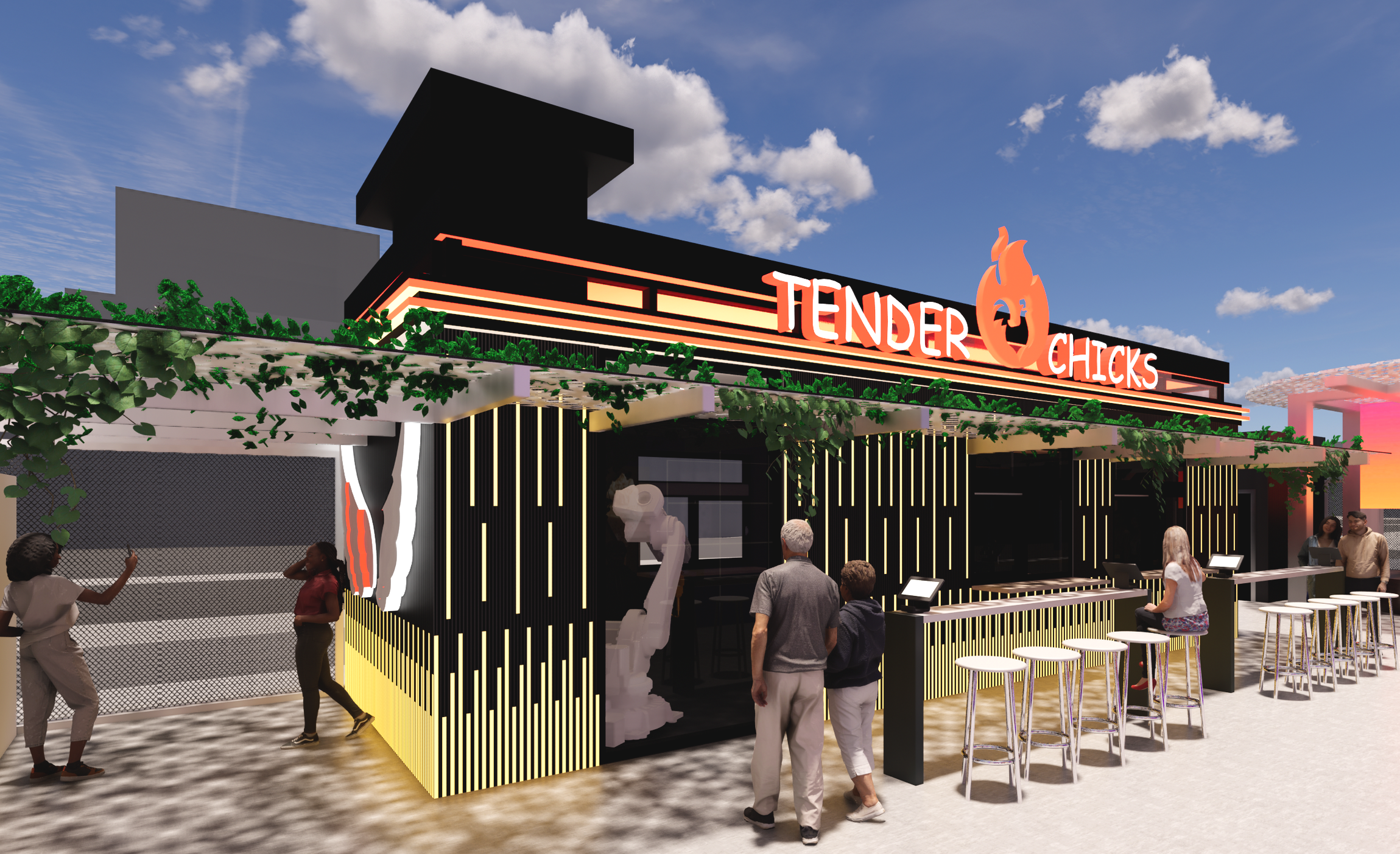 Modern food stand with neon sign reading 'Tender Chicks' featuring a smiling flame mascot, bar seating, and people ordering food outside under a partly cloudy sky.