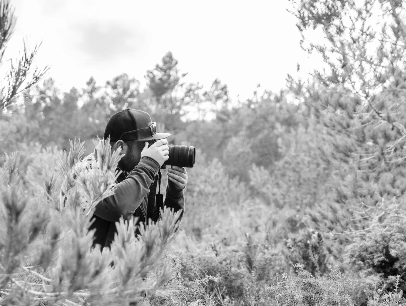 Un homme prend une photo avec un appareil photo dans une forêt ou un parc, entouré de buissons et d'arbres.