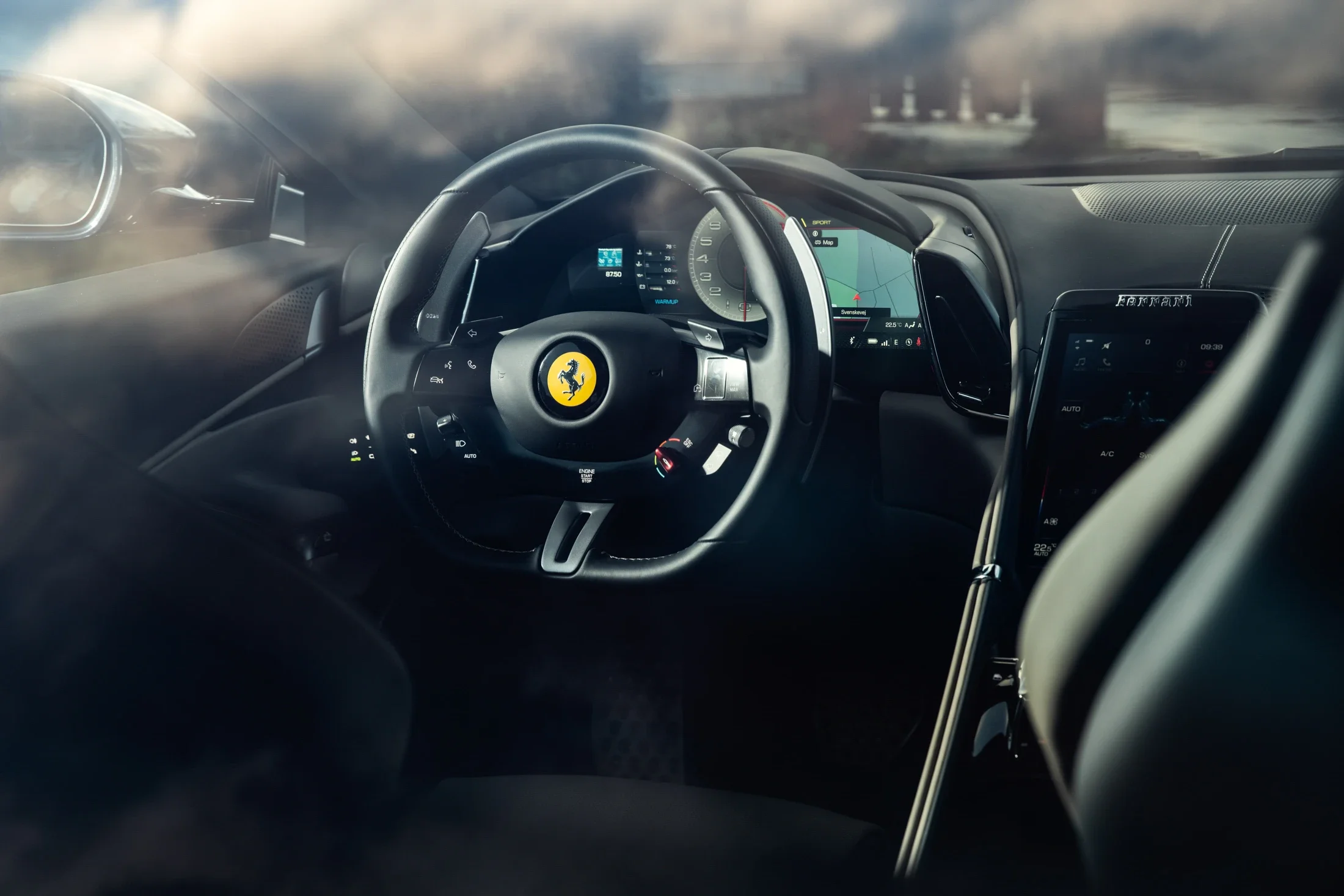 photographe automobile bourg en bresse – image communication Ferrari Roma détail volant