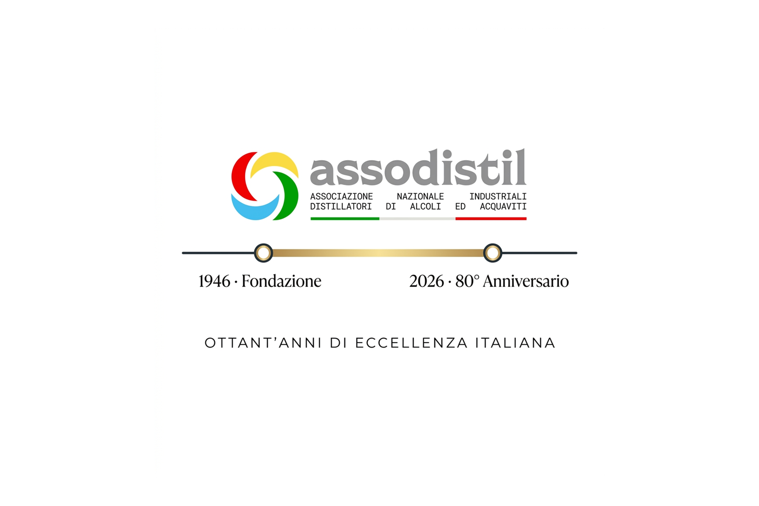 Logo dell'Associazione Nazionale Industriale di Alcolici e Acquaviti con simbolo circolare di riciclo colorato e testo che indica l'80° anniversario dalla fondazione nel 1946 e i 70 anni di eccellenza italiana.