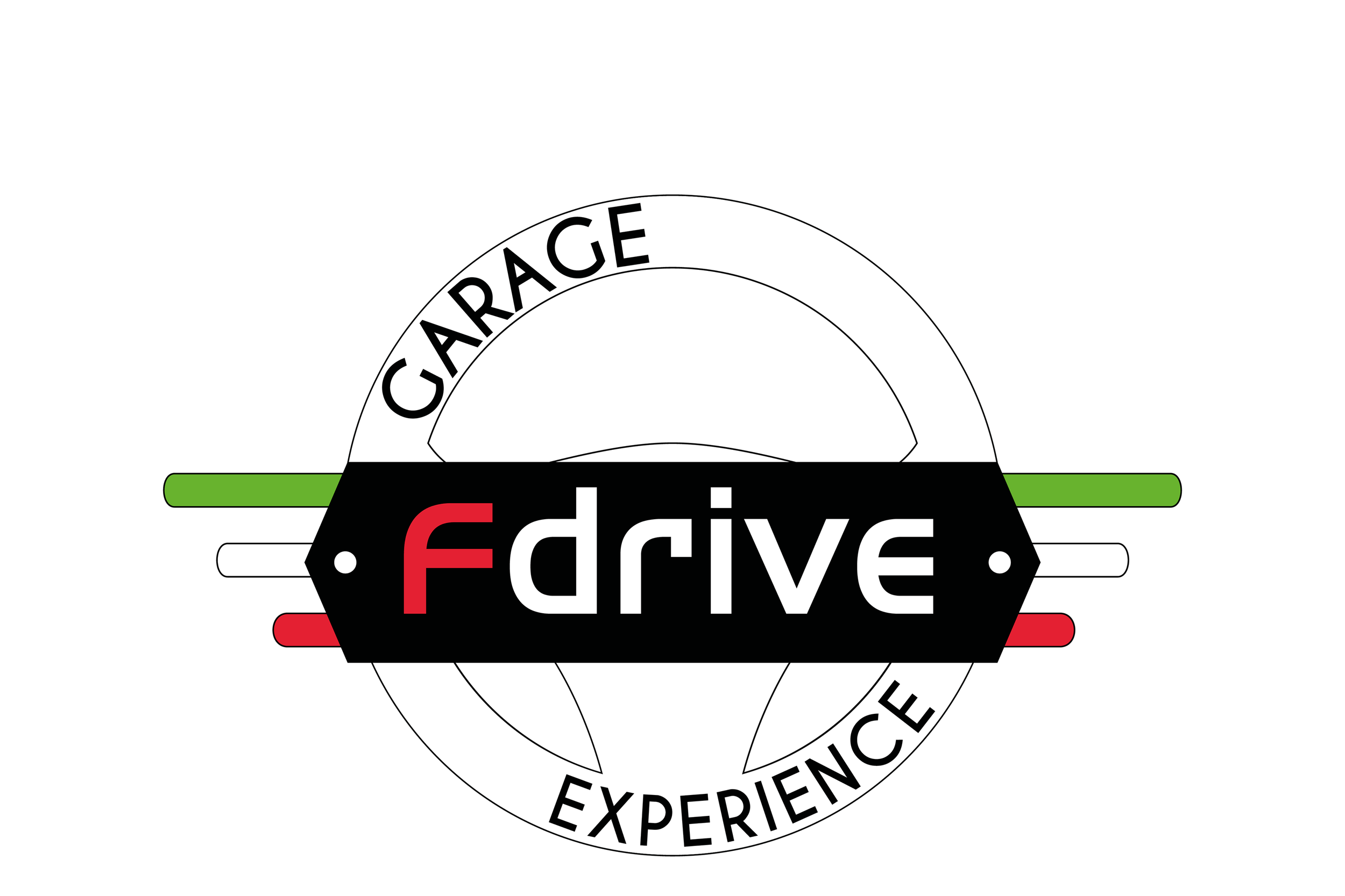 Logo con testo 'GARA RACE' e 'drive' stilizzato con frecce rosse, verdi e nere, circondato da un cerchio con parole 'experience' e 'performance'.