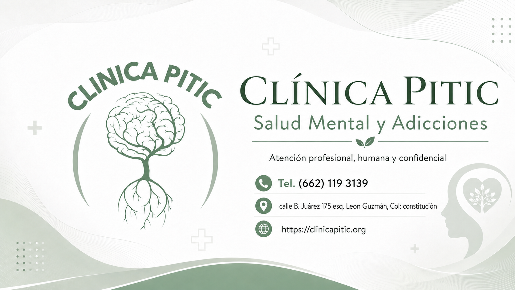 Carta de presentación de la clínica clínica Pitic, especializada en salud mental y adicciones, con logo de un cerebro con raíces, información de contacto y dirección.