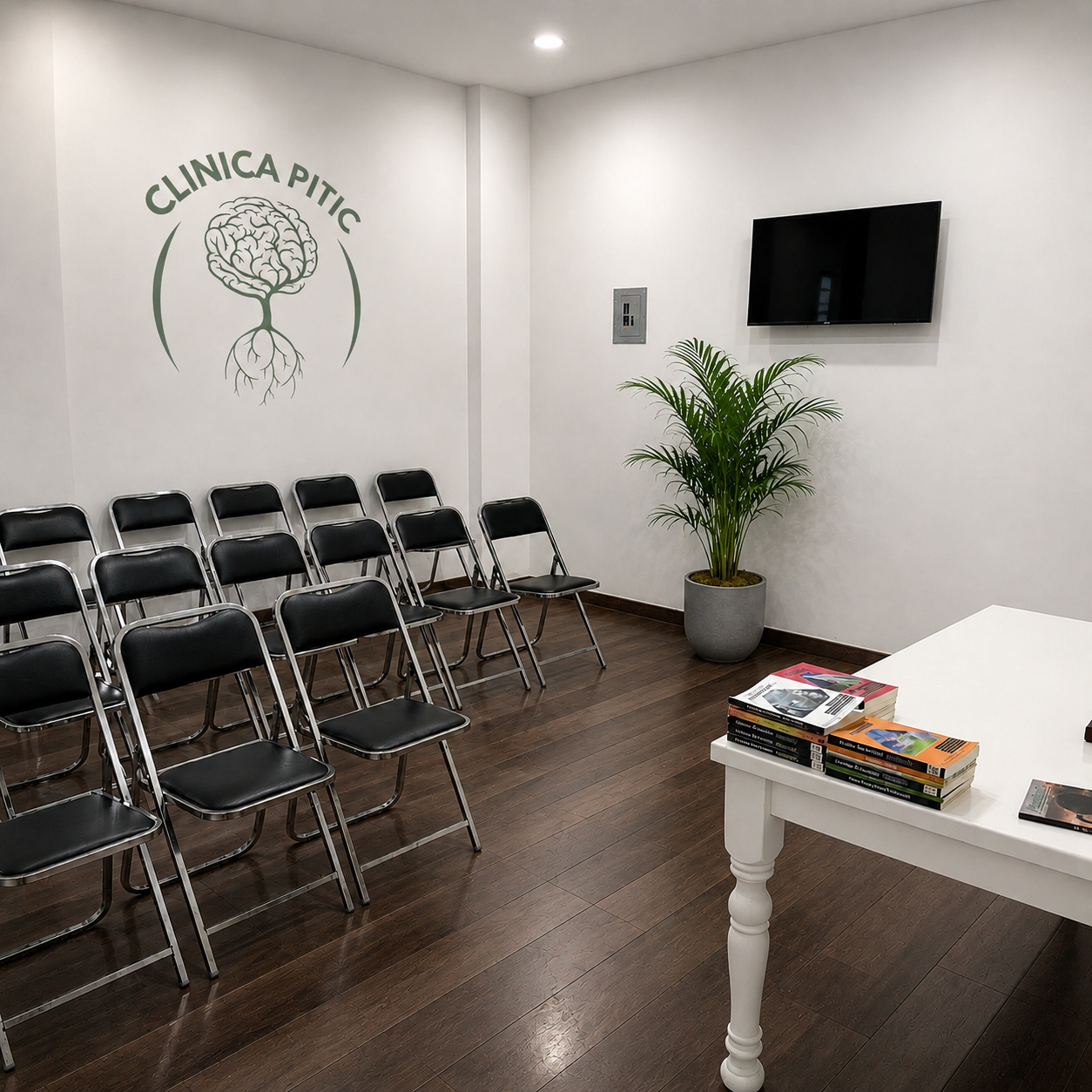 Sala de espera en una clínica con sillas negras, un televisor apagado, una planta en una maceta y una mesa con revistas