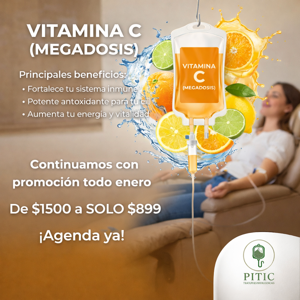 Una mujer en una cama recibiendo tratamiento con vitamina C de Megadosis, con frutas cítricas y un suero en el centro de la imagen y texto promocional en español.