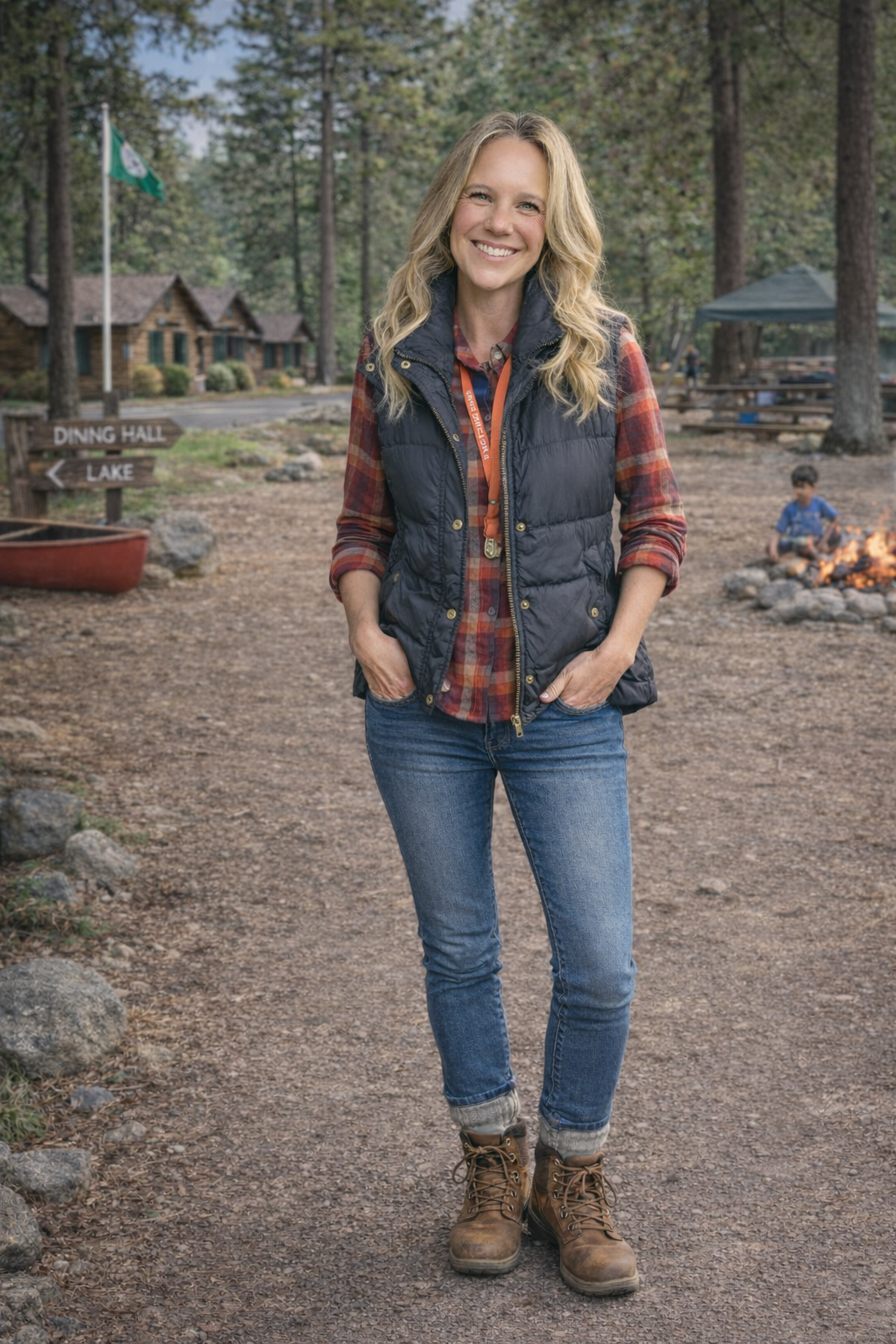 Lauren Pelissier, owner of Camp Little Picassos in Atlanta standing outdoors in a forested area near a campfire with children in the background.
