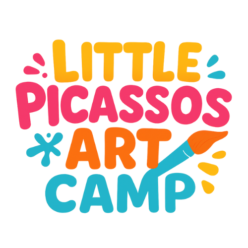 Colorful text that says "Little Picassos Art Camp" with paint splashes and a paintbrush graphic.