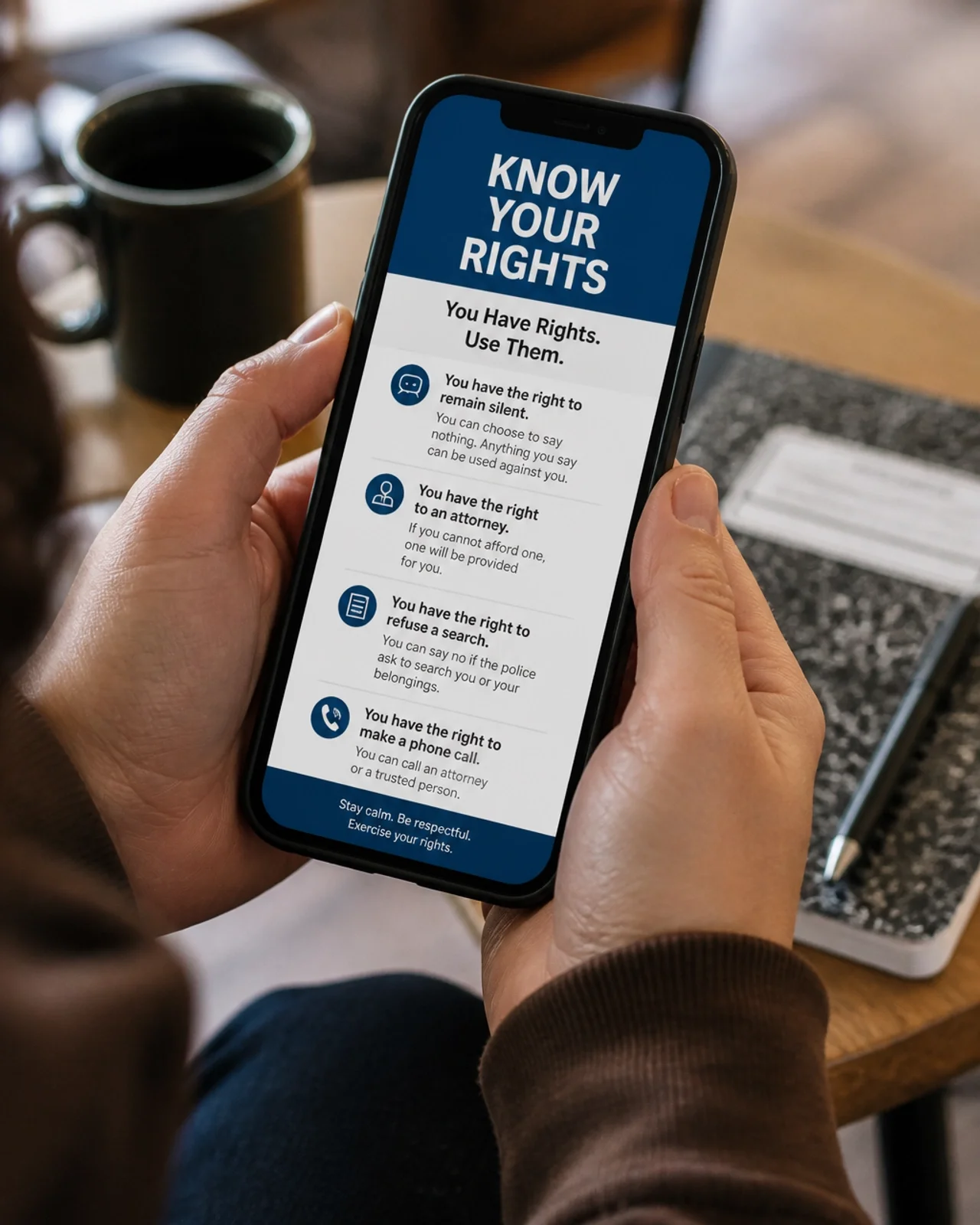 Hands holding a smartphone with legal resources