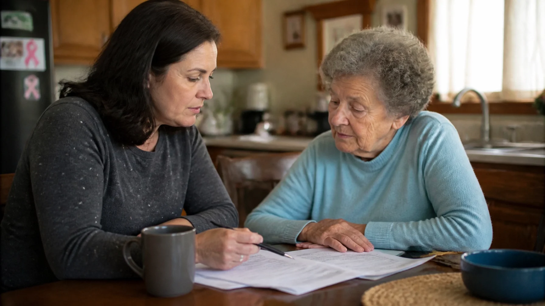 A candid documentary-style photo of an adult daughter sitting with her aging mother at a kitchen table, talking through papers over coffee in natural window light.