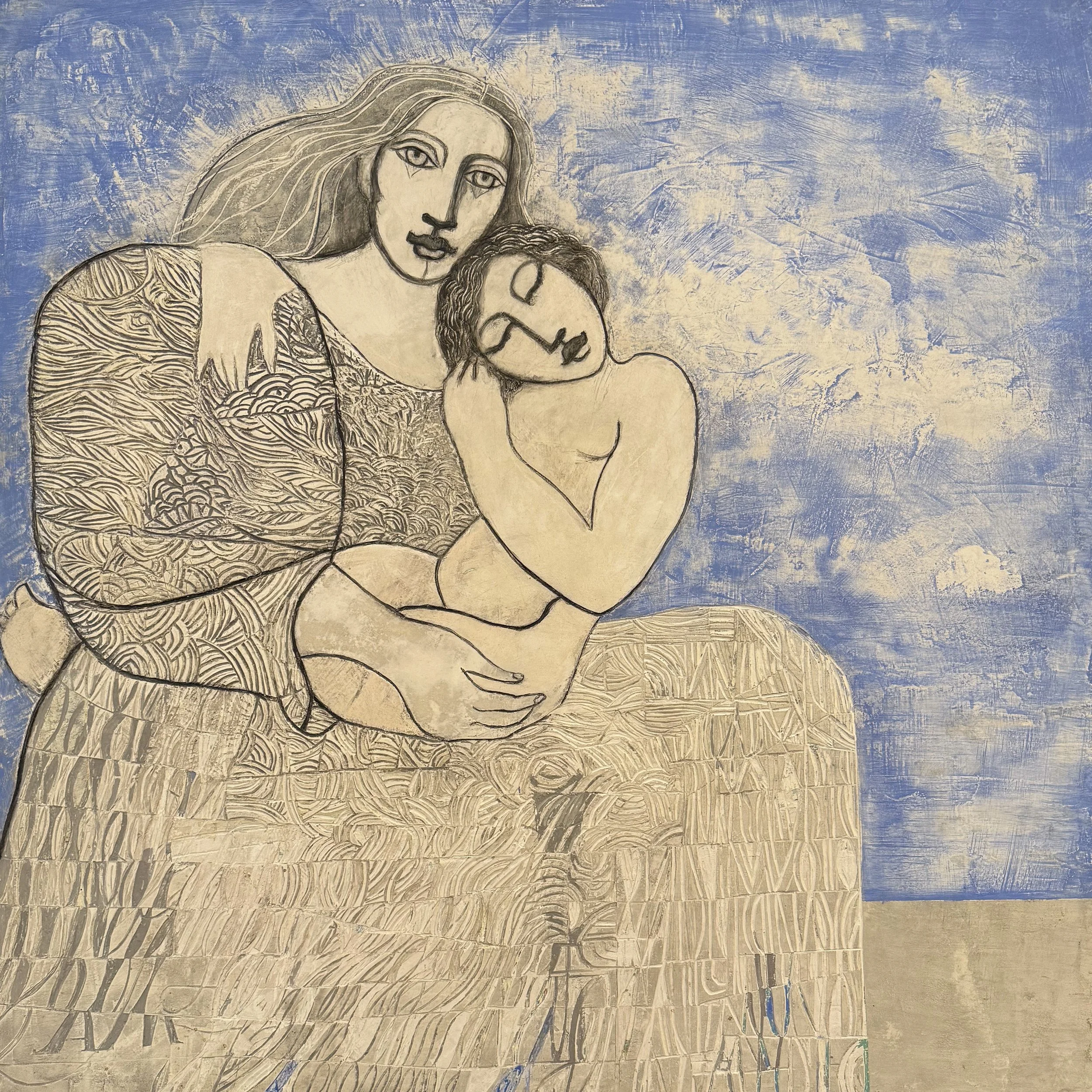 A line drawing of a woman with long hair holding a child, set against a sky blue background.