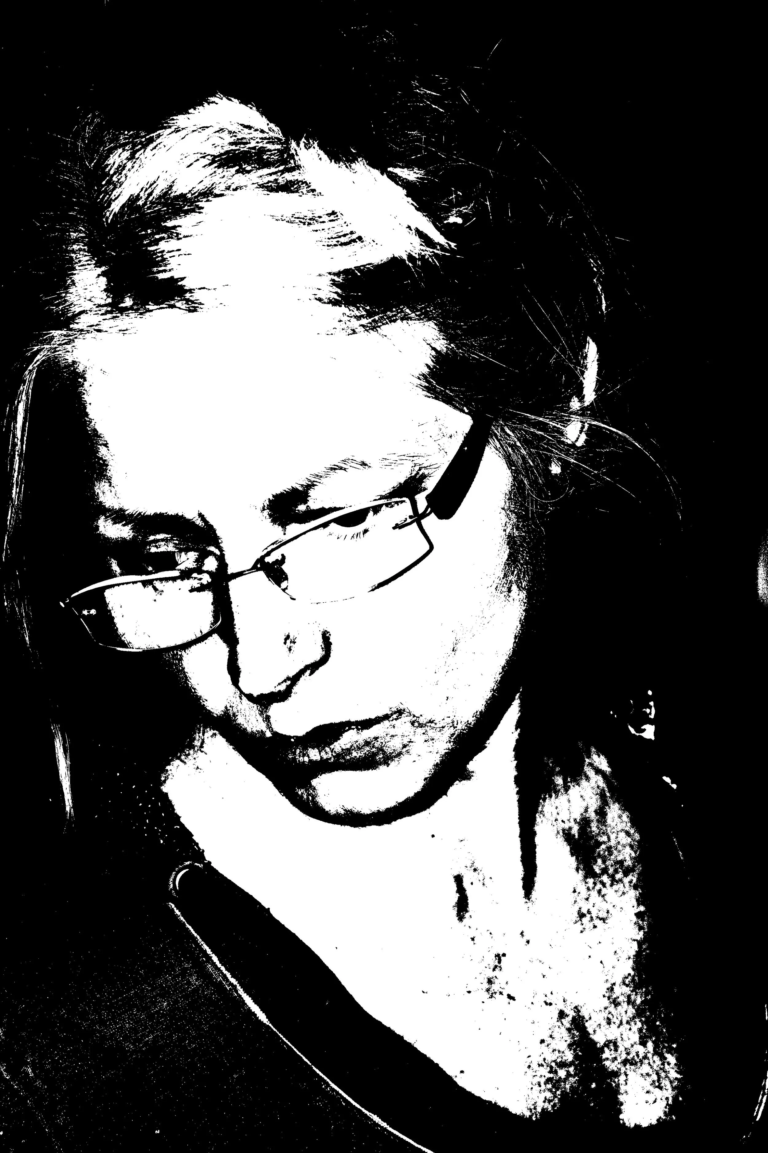 Black and white stylized portrait of a woman with glasses, looking downward.