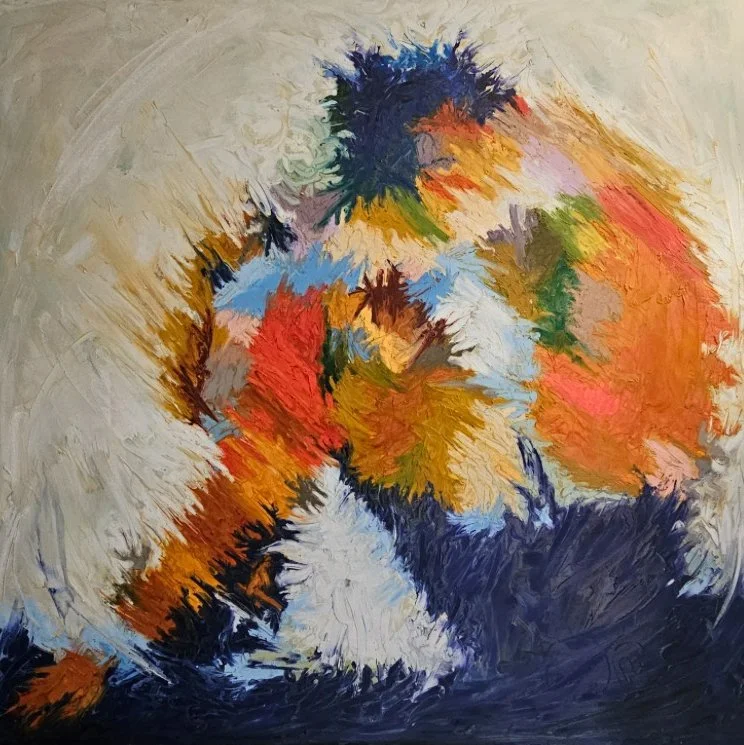 Abstract painting of a dog with white, black, brown, orange, green, yellow, and blue colors.