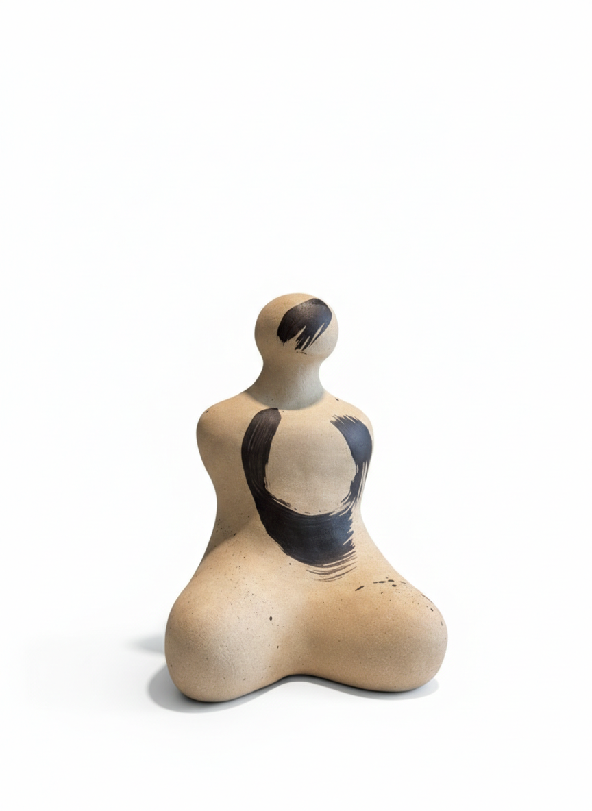 Ceramic sculpture of a simplified human figure with abstract black brushstroke patterns on its head, chest, and stomach, shaped with rounded, organic forms on a white background.