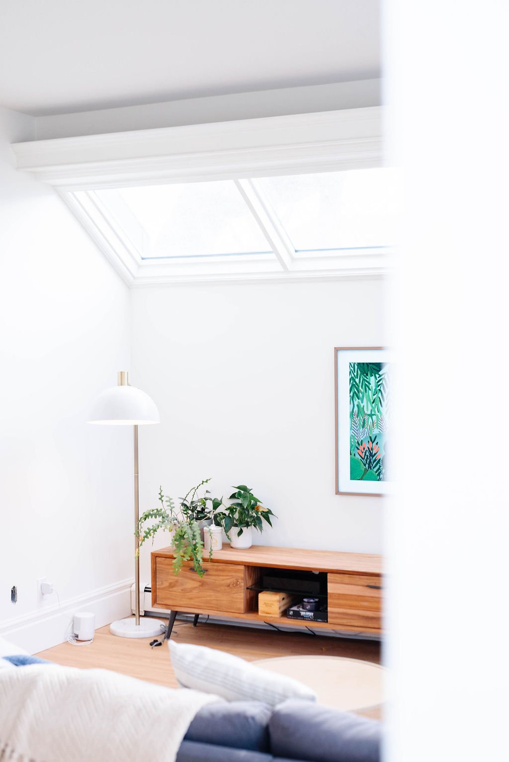 Bright living room with a skylight window, a white and wooden TV stand with plants on top, a framed tropical art print on the wall, and a floor lamp.