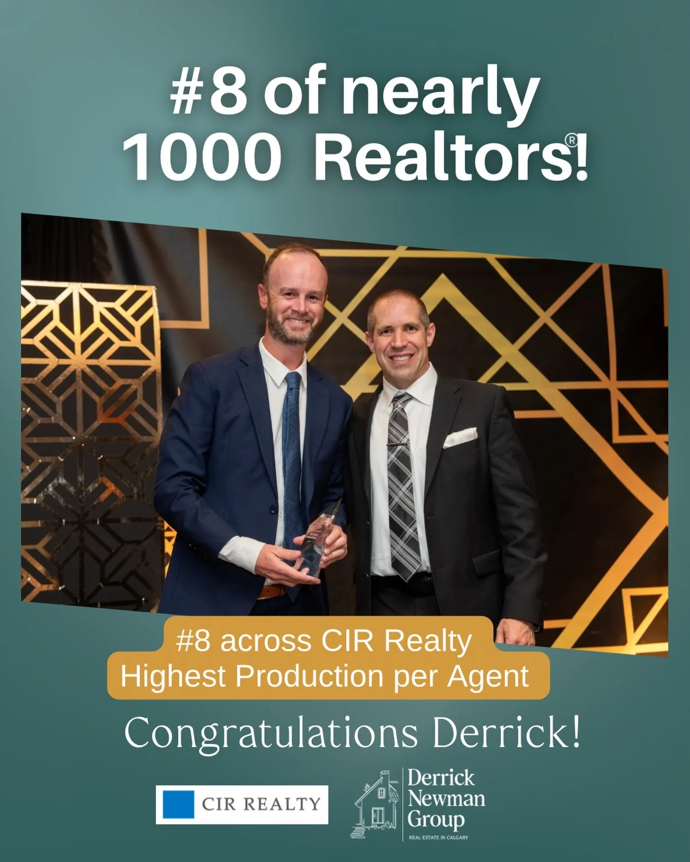 🏆 We recently attended the CIR Award Gala where Derrick received an award for Highest Production per Agent. Out of nearly 1000 CIR agents across Alberta (and now BC!), he was ranked #8 in 2025. 

It was quite a year and we&rsquo;re excited to help e