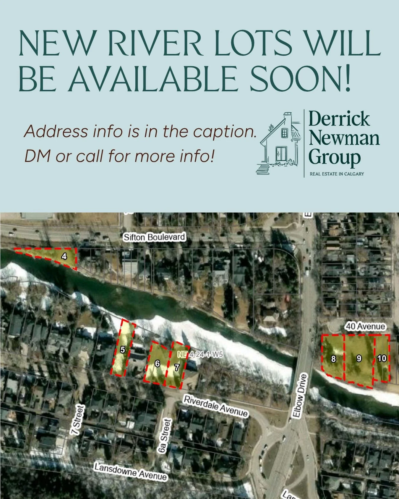 Big news! There will be 7 new river lots released for sale to the public soon. Here are the addresses referenced in the map:

- Lot 4: 715 Sifton Blvd SW
- Lot 5: 718 Riverdale Ave SW
- Lot 6: 708 Riverdale Ave SW
- Lot 7: 640 Riverdale Ave SW
- Lot 