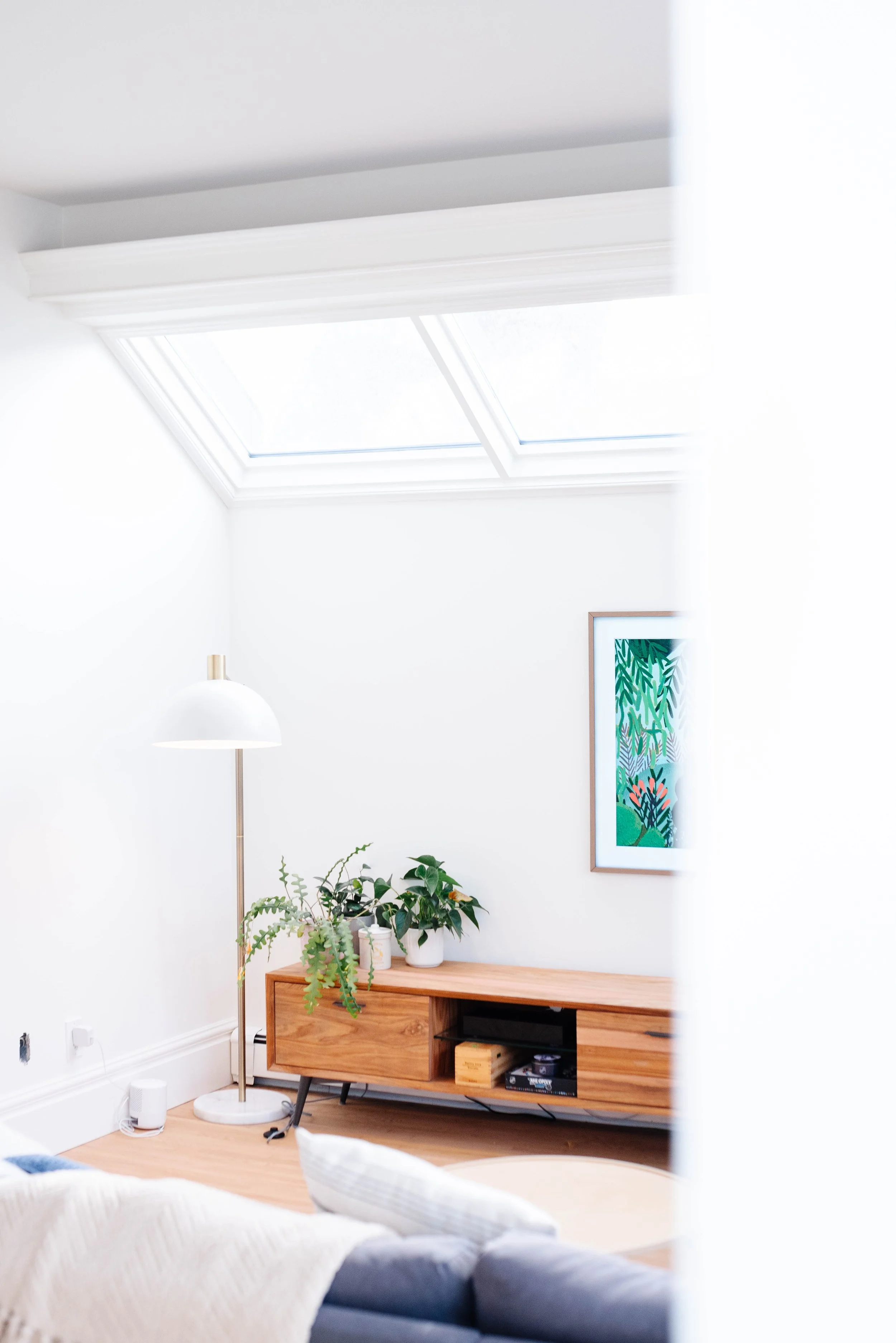 Living room with white walls, skylight window, wooden TV stand with indoor plants, framed artwork, and a partially visible sofa.
