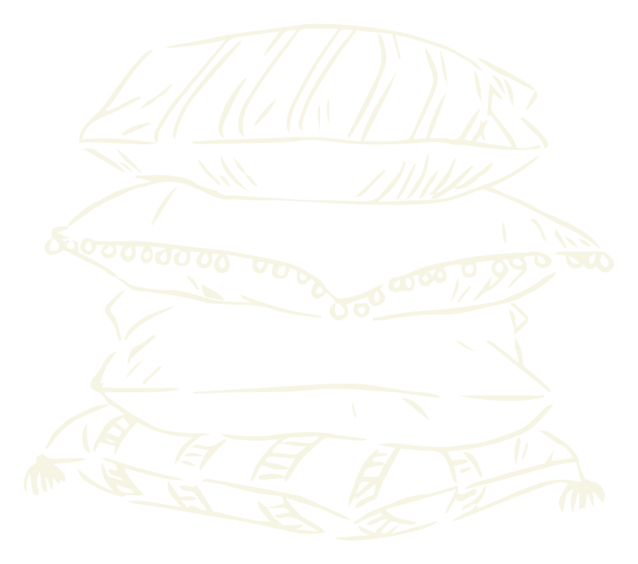 Line drawing of a stack of five pillows on a bed.