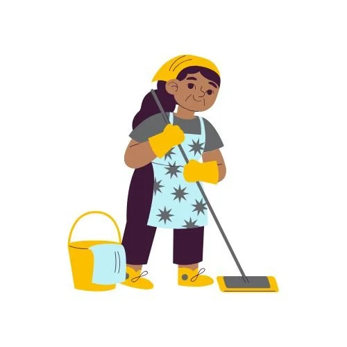 A young child wearing gloves, a yellow hat, and an apron with star patterns, mopping the floor with a mop, with a yellow bucket nearby.