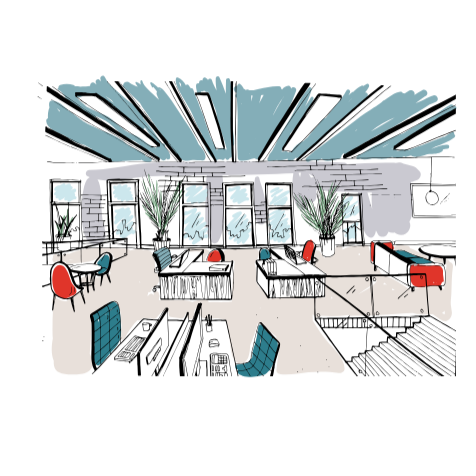Illustration of a modern office space with large windows, potted plants, desks with computers, and colorful chairs.