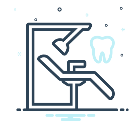 Line drawing of a dental chair emerging from a smartphone screen, with a toothbrush above and a tooth to the side, indicating dental care.